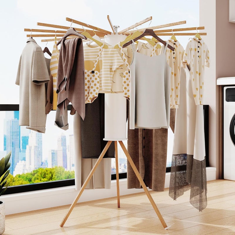 LIENAHU Clothes Drying Rack Tripod,Drying Rack Clothing,Laundry Drying Rack,Floor Standing,16 Wooden Poles,Collapsible Drying Racks for Laundry,Retractable,Foldable,Folding - Image 2